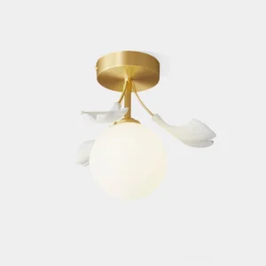 Ginkgo Rosalia brass ceiling light with frosted white glass globe shade on white background