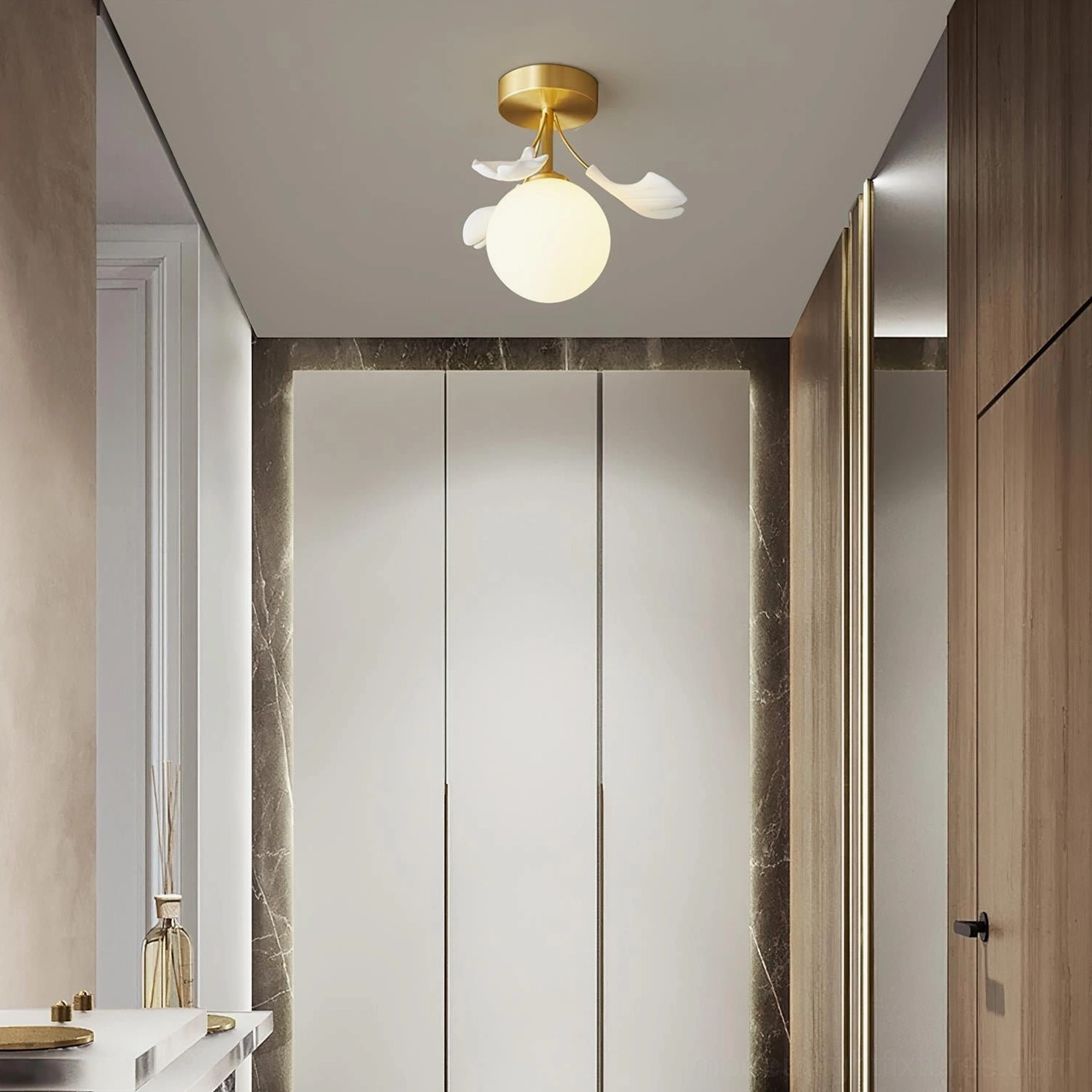 Ginkgo Rosalia brass and white ceiling light fixture in neutral modern residential hallway