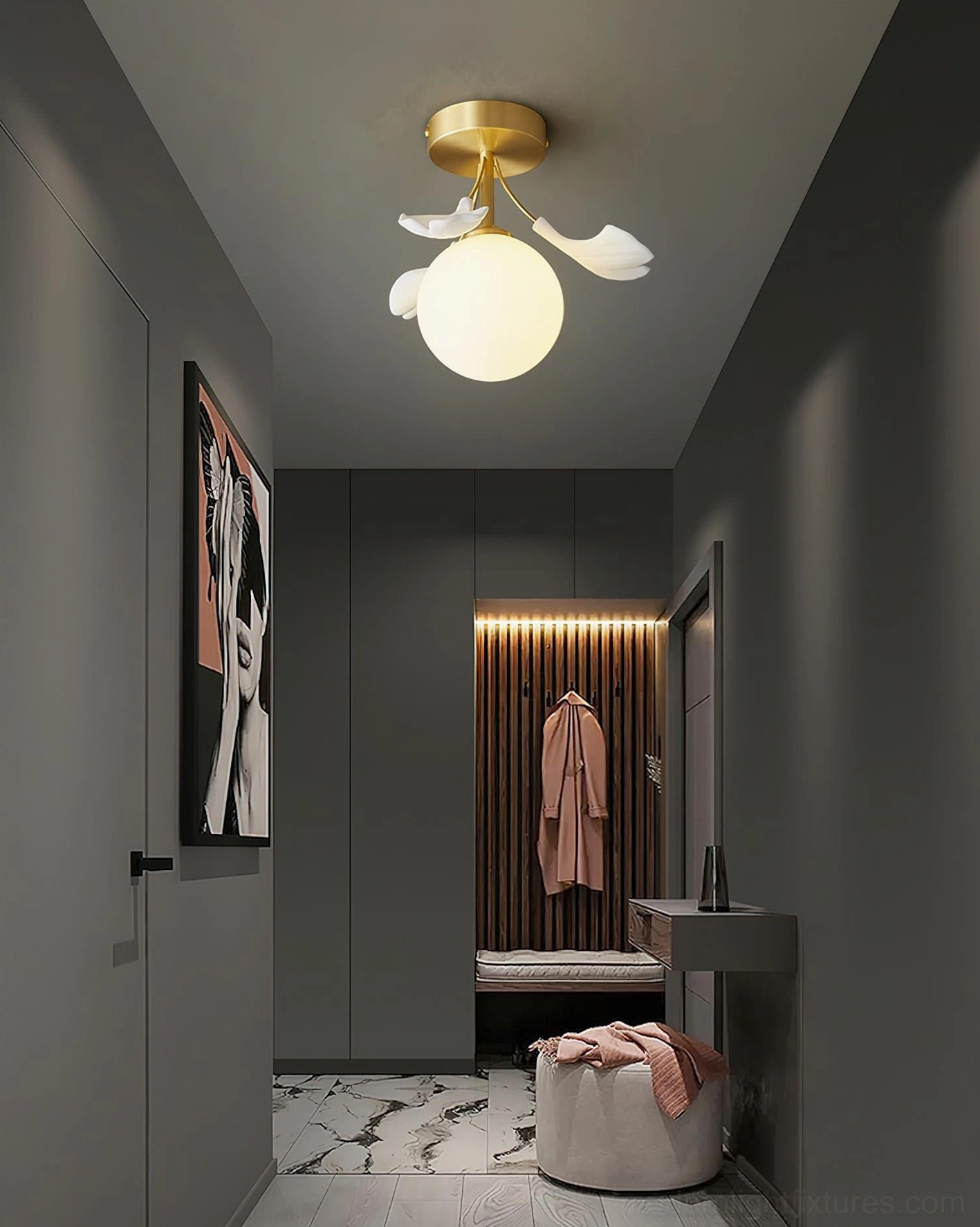 Ginkgo Rosalia semi-flush ceiling fixture in modern entryway with wall art and storage