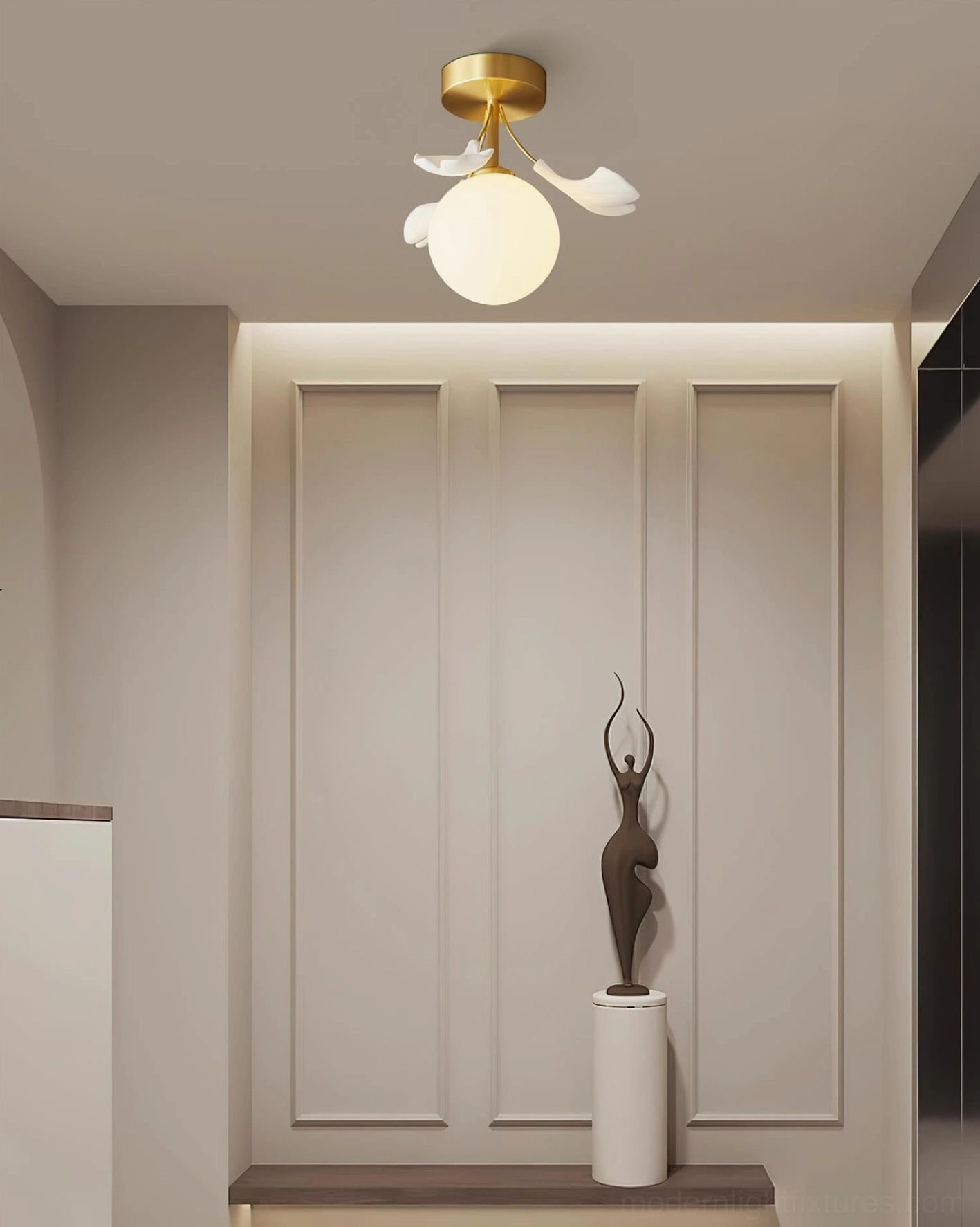 Ginkgo Rosalia brass and white ceiling fixture in modern residential room ambiance