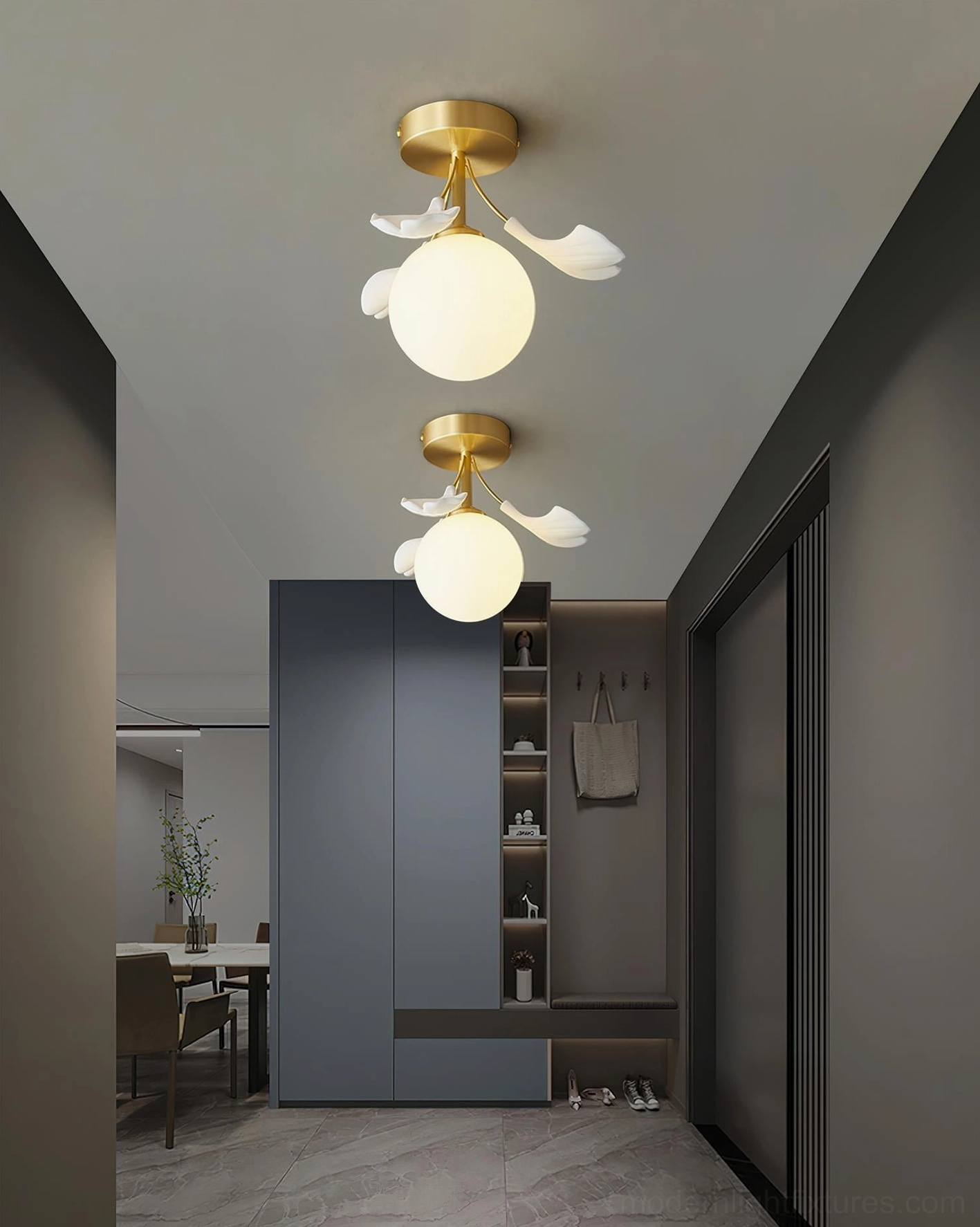 Two Ginkgo Rosalia ceiling lights in contemporary apartment hallway with built-in storage