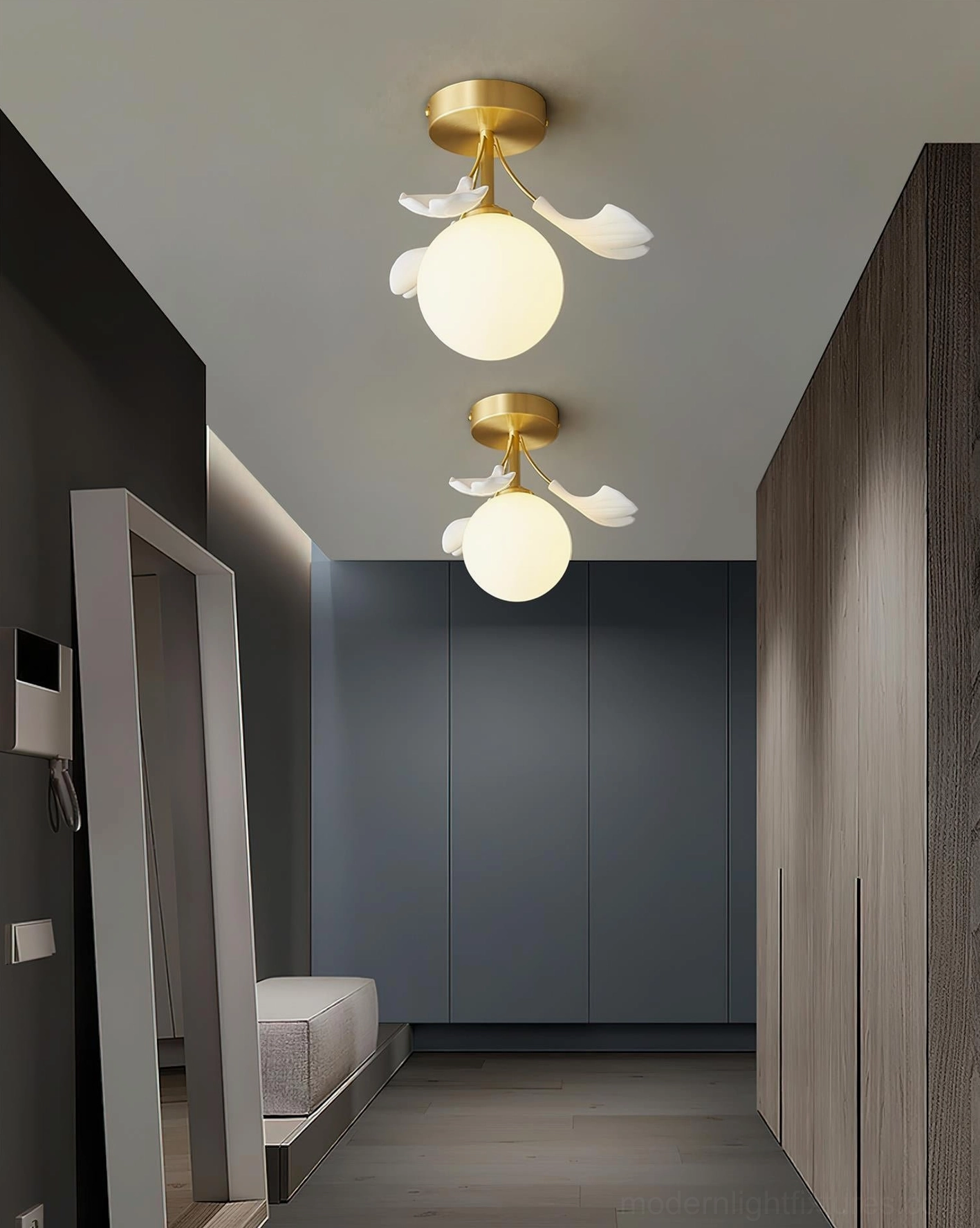 Two Ginkgo Rosalia ceiling lights illuminating residential hallway with dark wood storage