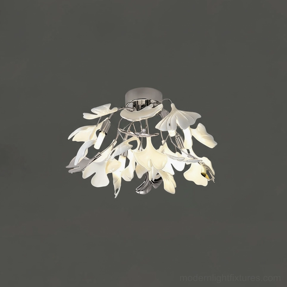 Ginkgo Valla modern ceiling light 42cm with nickel body and white ceramic ginkgo leaves contemporary design
