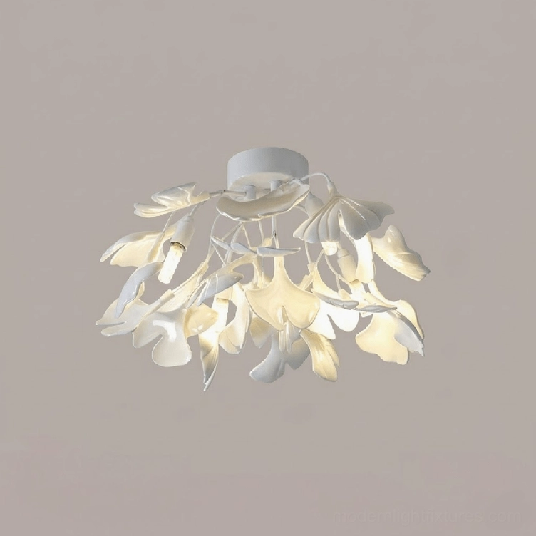 Ginkgo Valla modern ceiling light 42cm with white body and white ceramic ginkgo leaf elements