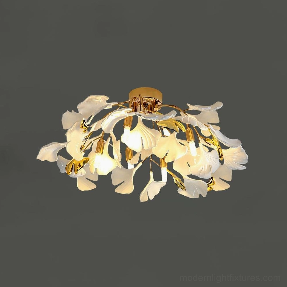 Ginkgo Valla modern ceiling light 52cm size with gold body and white ceramic ginkgo leaves