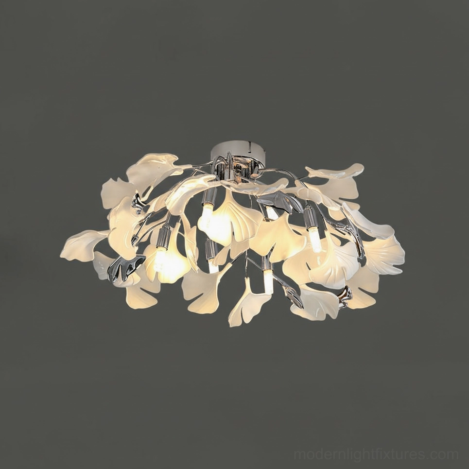 Ginkgo Valla modern ceiling light 52cm with nickel metal frame and white ceramic artistic leaf design