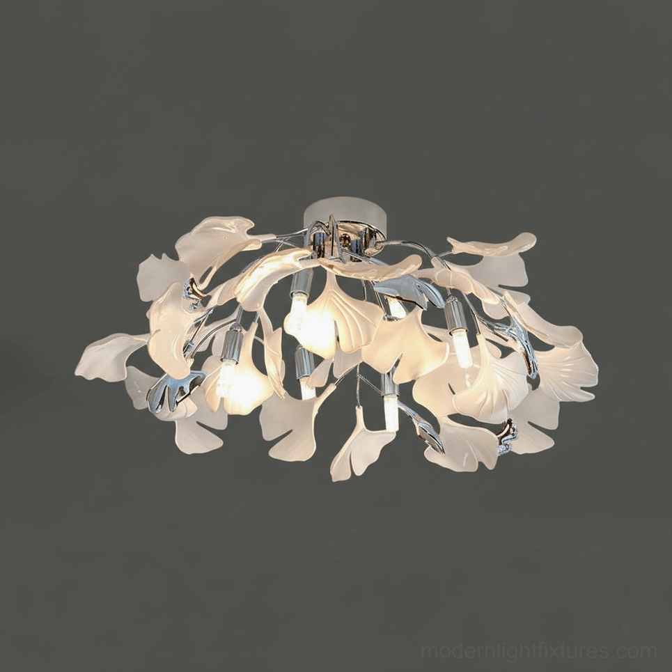 Ginkgo Valla modern ceiling light 62cm grand size with nickel finish and white leaf elements