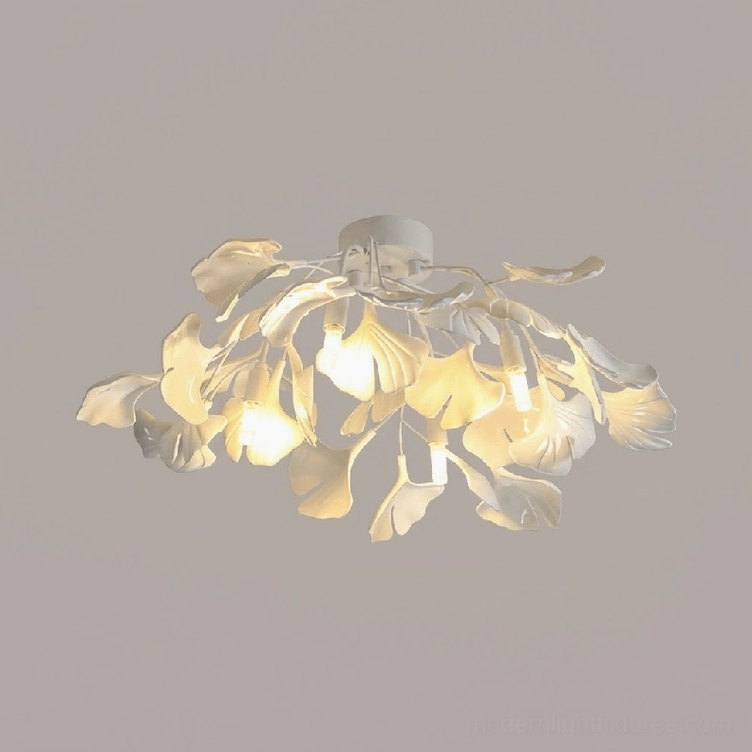 Ginkgo Valla modern ceiling light 62cm with white body and white ceramic ginkgo leaves minimalist design