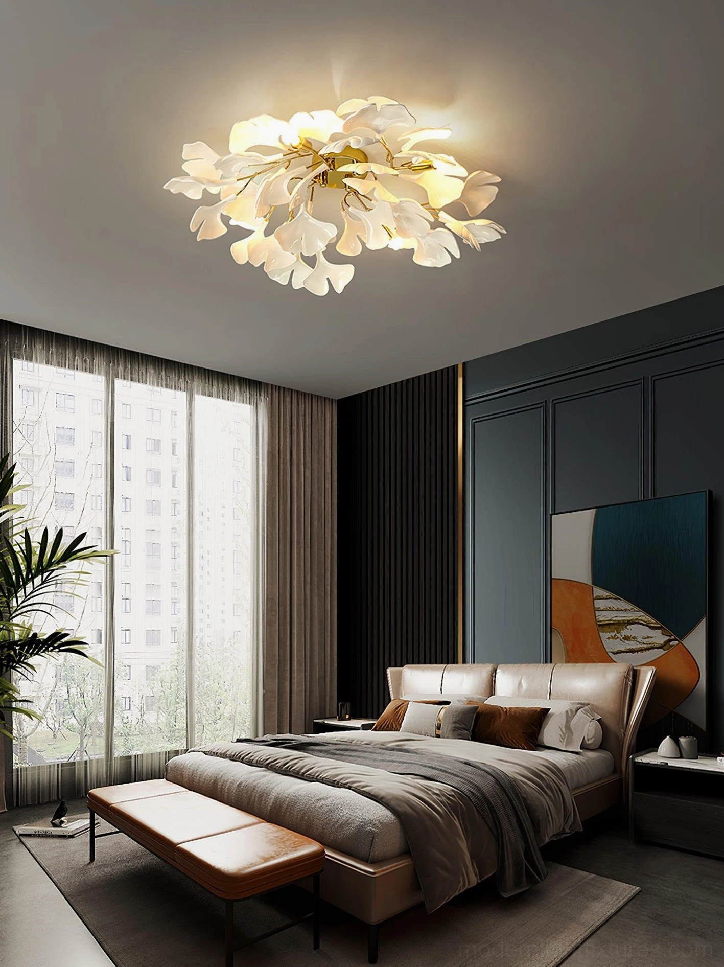 Ginkgo Valla modern ceiling light fixture showing artistic ginkgo leaf design and lighting distribution pattern