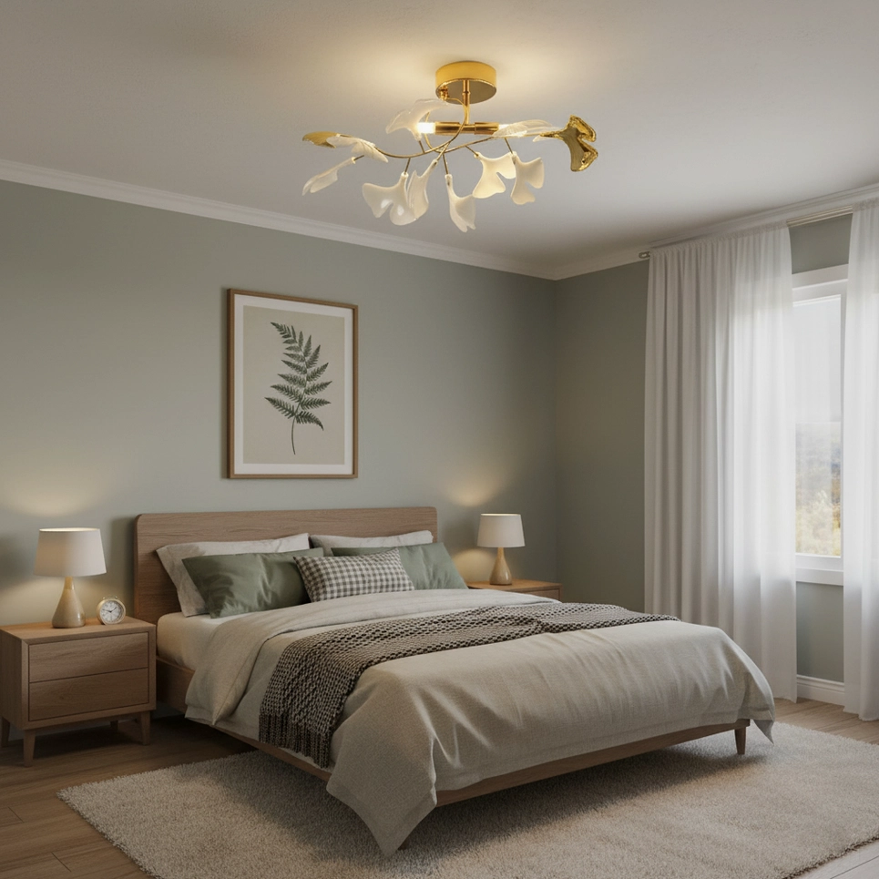 Ginkgo Valla modern ceiling light fixture in cozy neutral-toned bedroom creating warm soft delicate leaf design lighting