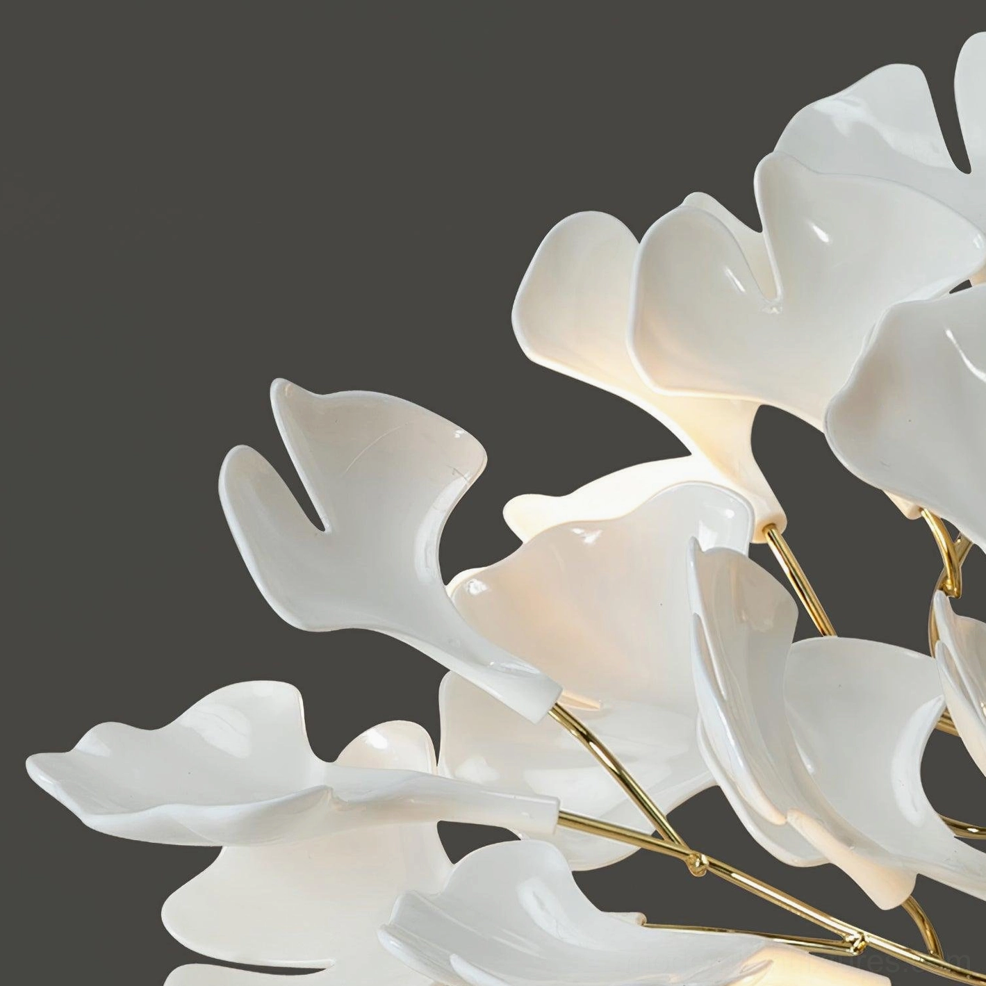 Ginkgo Valla modern ceiling light with nickel finish and white ceramic ginkgo leaves in contemporary space