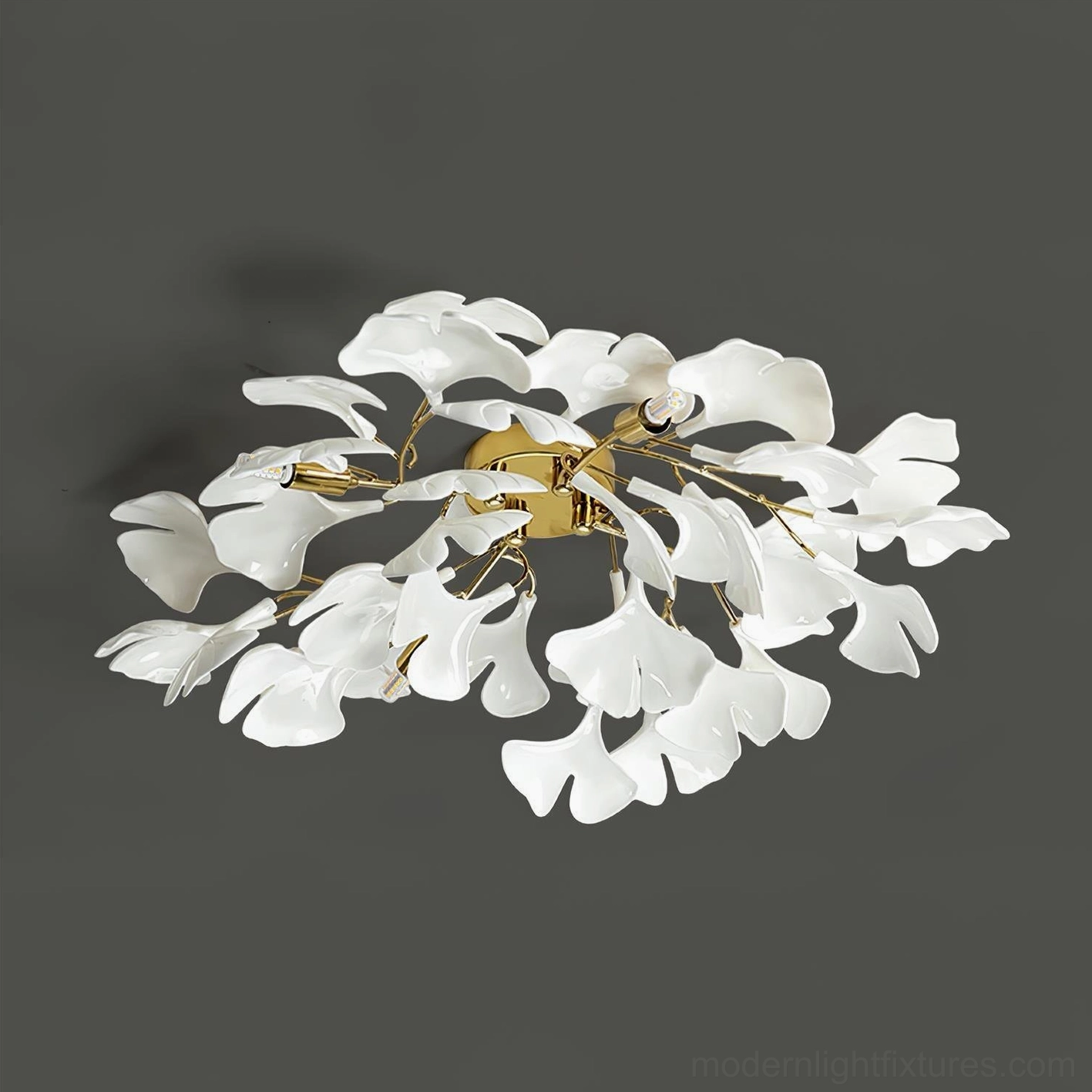 Ginkgo Valla modern ceiling light flat lay showing back metal frame structure and mounting hardware on dark gray background