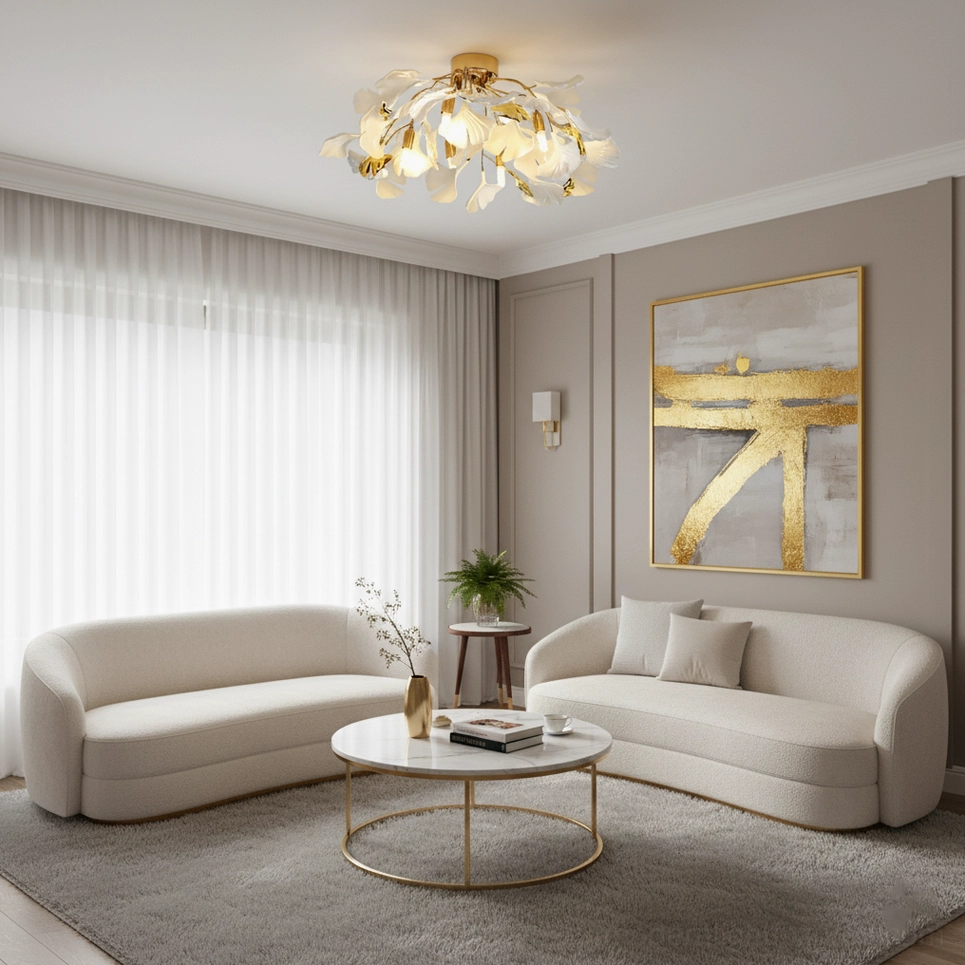 Ginkgo Valla modern ceiling light with warm glow in minimalist living room interior design space