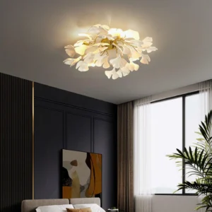 Ginkgo Valla ceiling light fixture mounted on bedroom ceiling with warm glowing illumination creating luxury interior ambiance