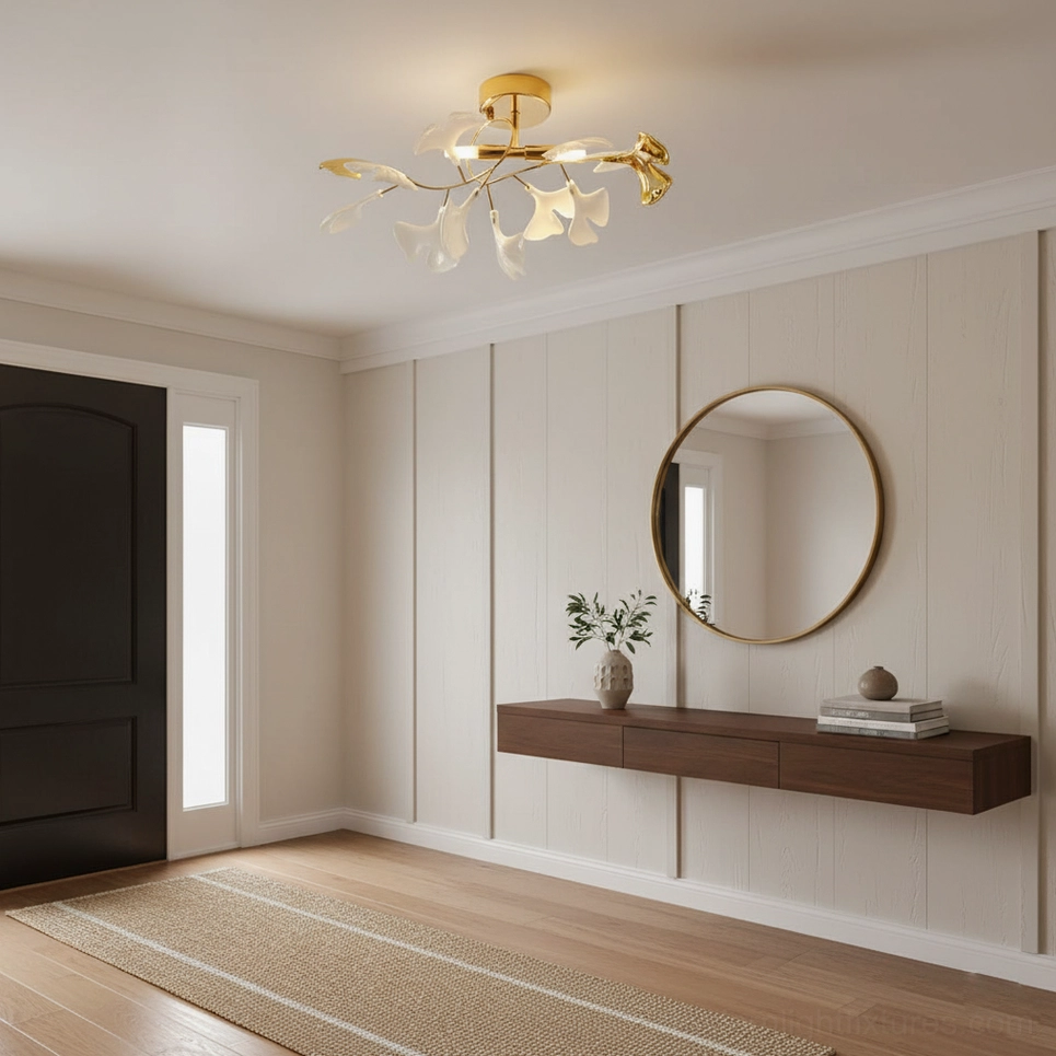 Ginkgo Valla modern ceiling light fixture showcasing delicate ceramic ginkgo leaf design in interior room setting