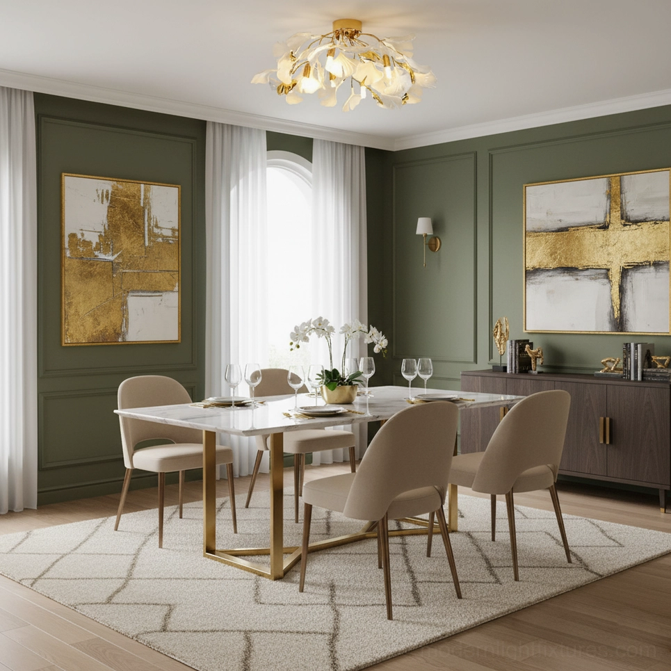 Ginkgo Valla ceiling light fixture in green wall dining room creating luxury modern decorative lighting effect