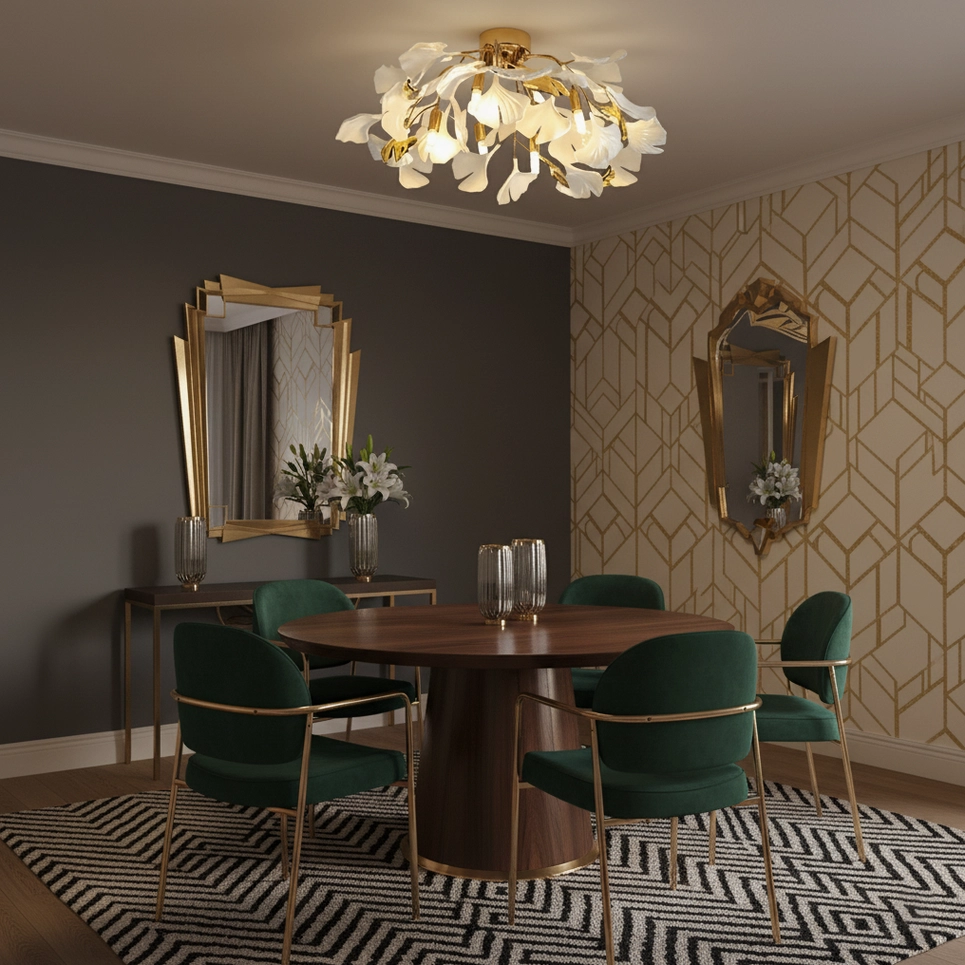 Ginkgo Valla modern ceiling light illuminated in eye-level dining room view with warm light creating elegant table ambiance