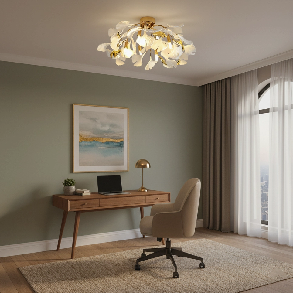 Ginkgo Valla modern ceiling light fixture with white ceramic leaf elements and metal body detail view