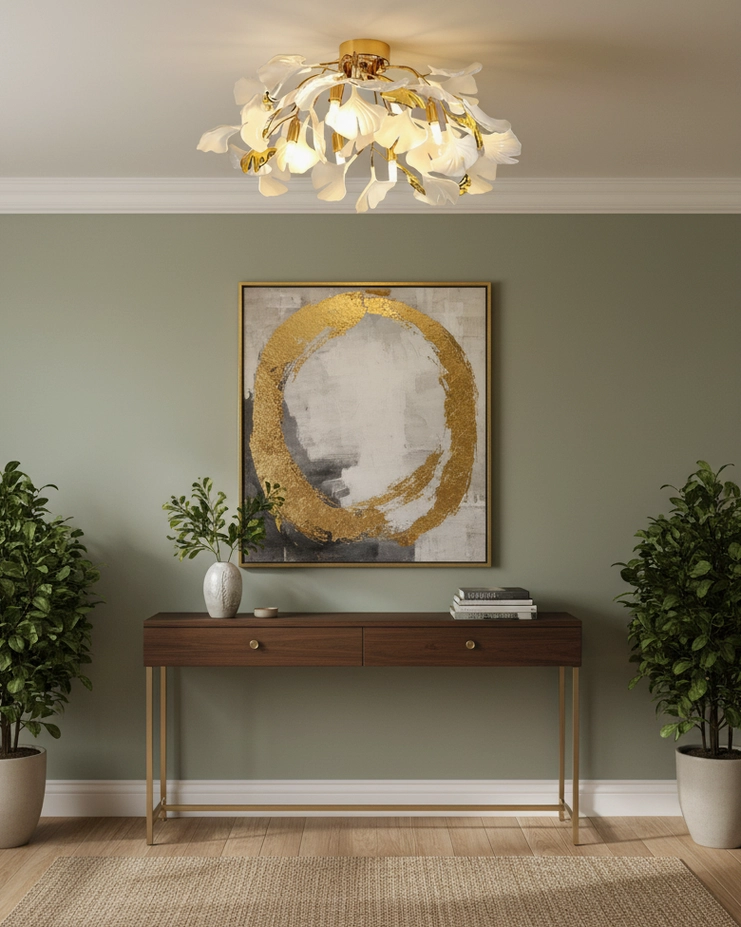 Ginkgo Valla modern ceiling light in minimalist study room with green wall accent and warm glowing illumination