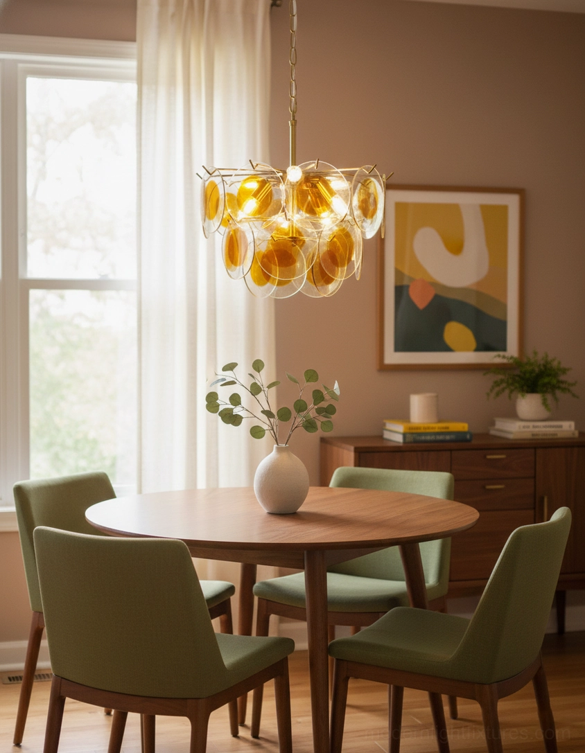 Gino modern glass disc pendant chandelier brass gold frame clear and caramel shades detail view