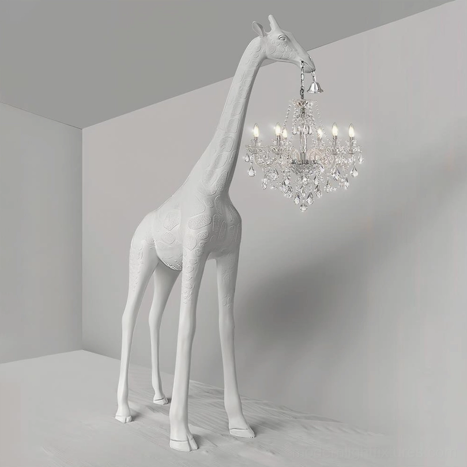 Giraffe floor lamp chrome finish with white resin body and crystal chandelier in luxury home interior