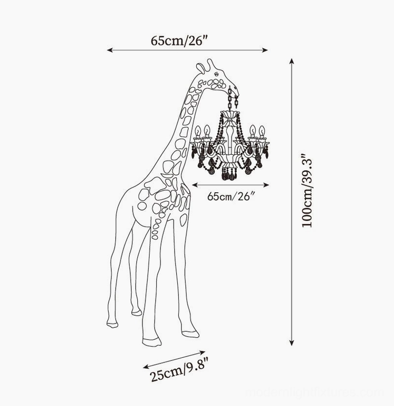 Size schematic diagram of compact giraffe sculpture floor lamp with technical specifications and dimensions 65cm width by 100cm height