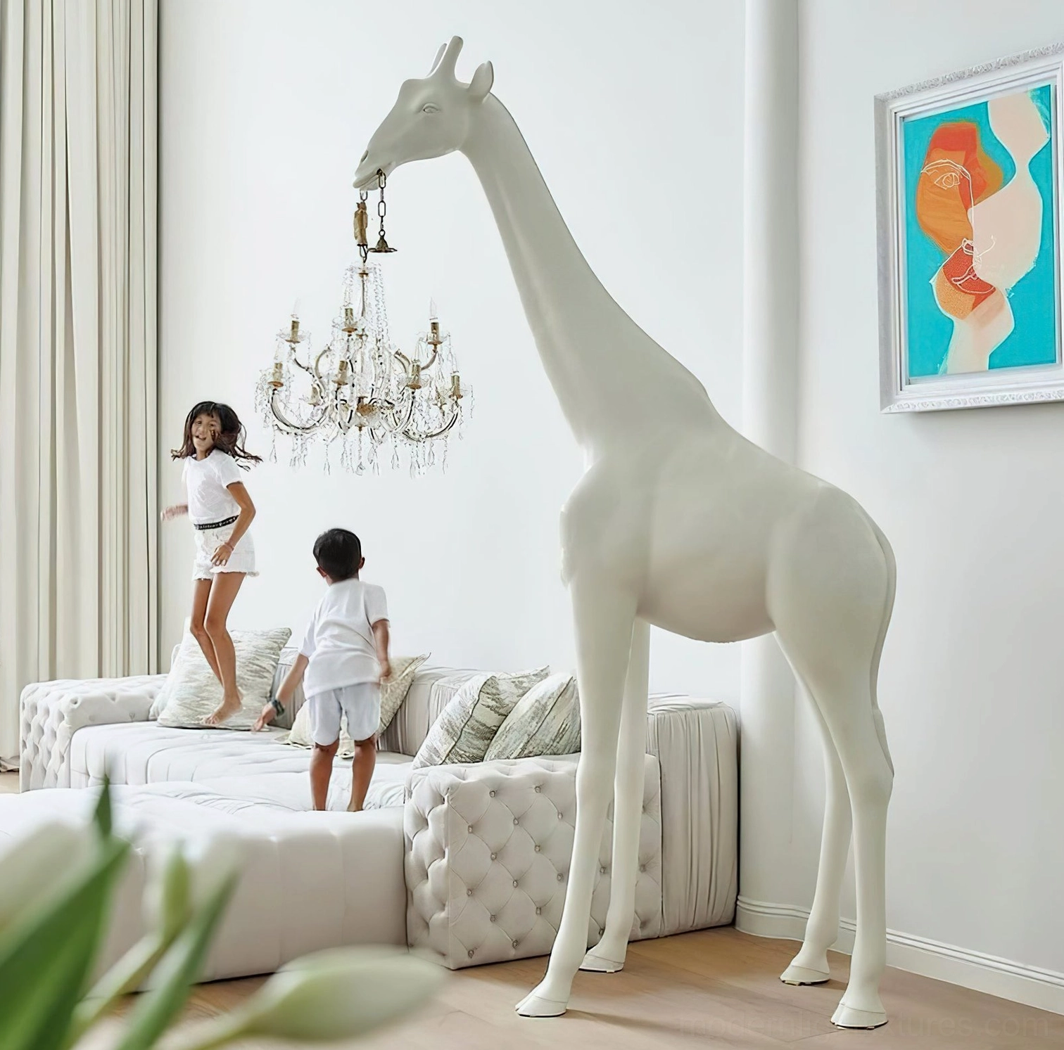 Giraffe floor lamp contemporary art lighting fixture with sculptural resin form and illuminated crystal elements