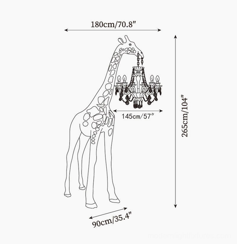 Grand statement giraffe sculpture floor lamp design schematic with full dimensions 180cm width by 265cm height specifications