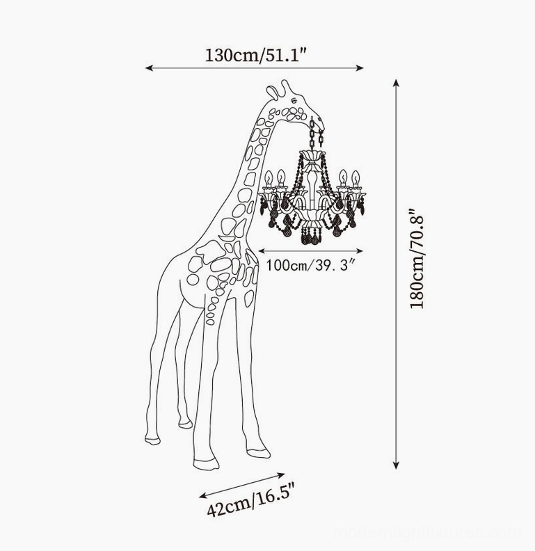 Mid-scale giraffe floor lamp design schematic showing orthographic line art with dimensions 130cm width by 180cm height