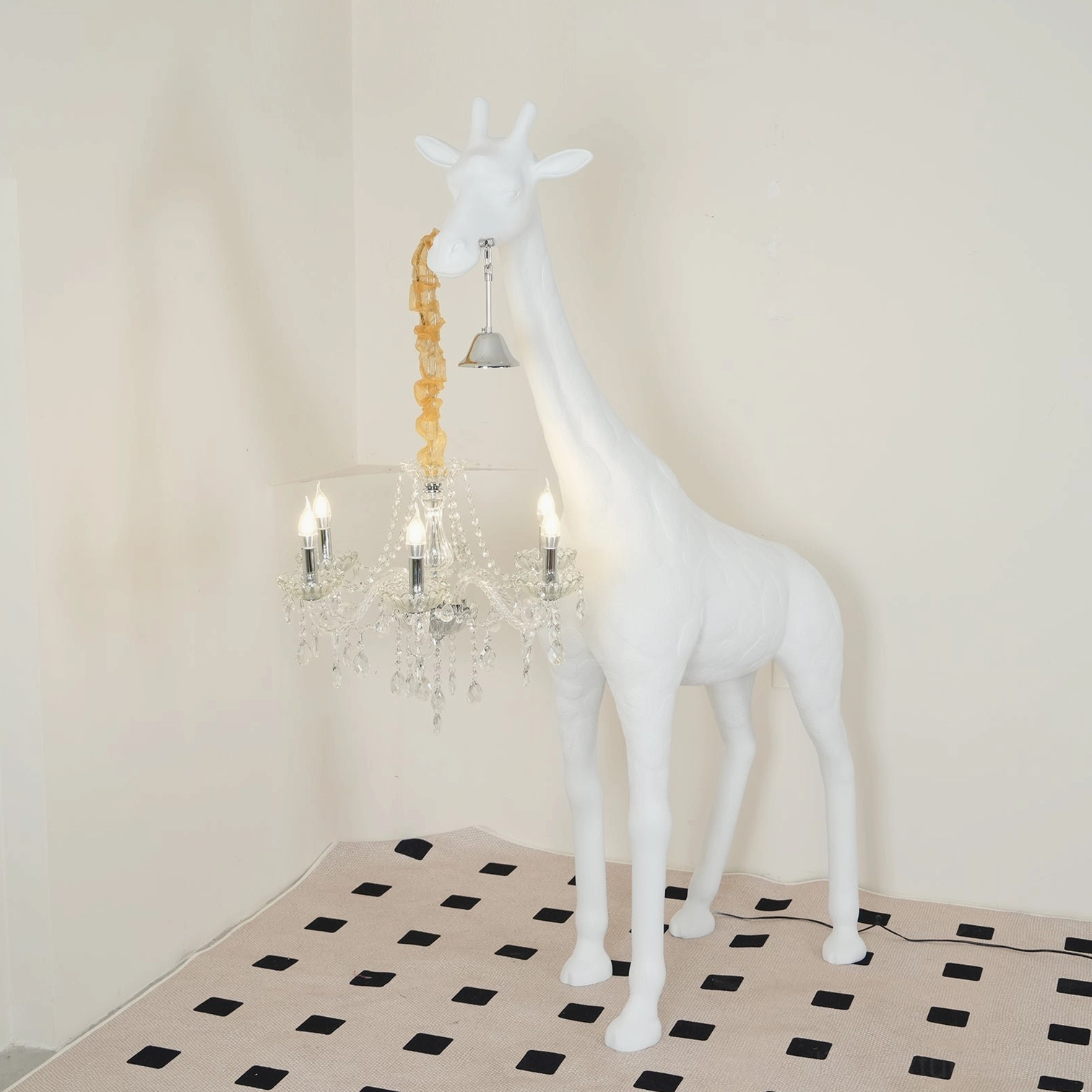 Contemporary giraffe sculpture floor lamp in minimalist home corner with checkered floor pattern and warm glowing light