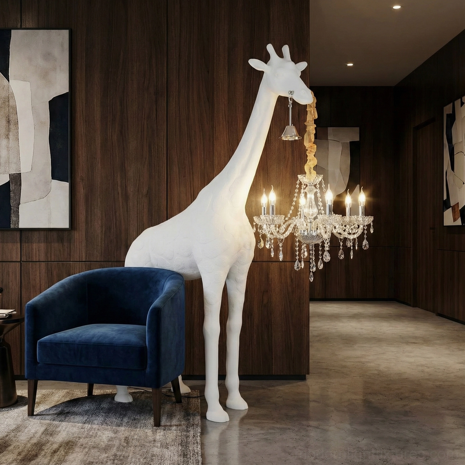 Statement giraffe sculpture floor lamp with crystal pendant lighting creating dramatic home decor focal point