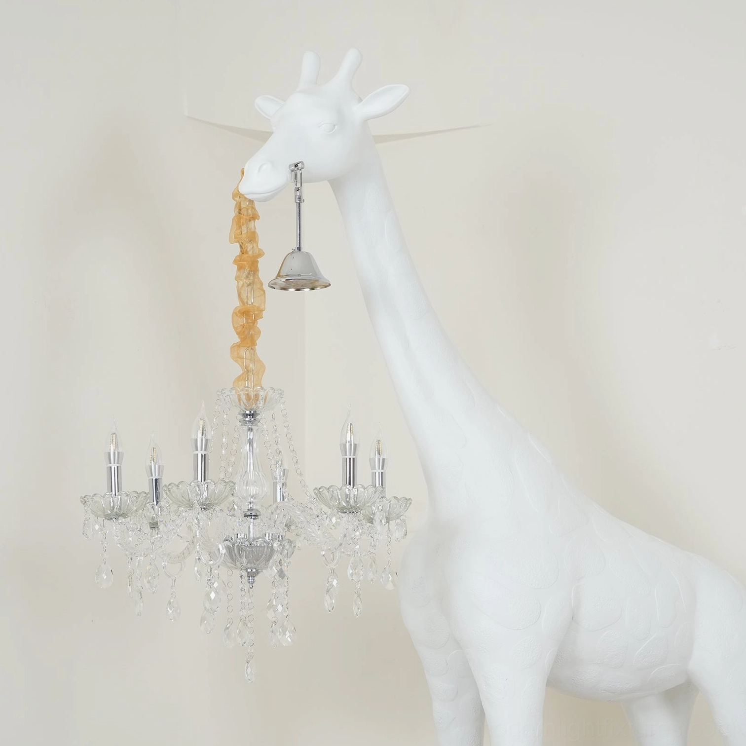 Giraffe sculpture floor lamp artistic statement piece with resin form and illuminated crystal chandelier