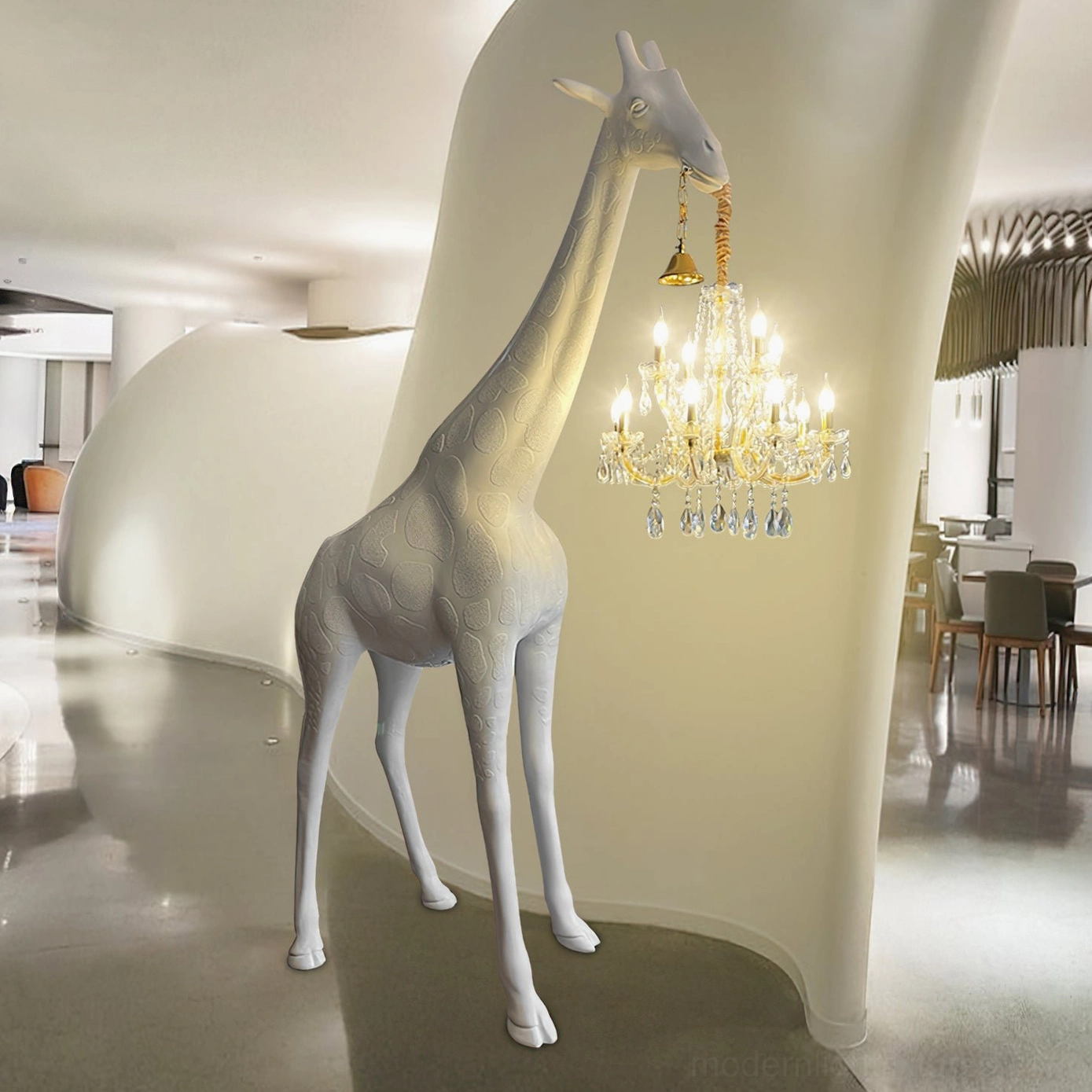 Giraffe sculpture floor lamp black finish contemporary design with crystal chandelier lighting fixture