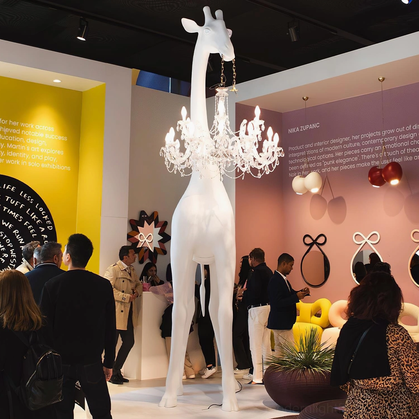 Giraffe sculpture floor lamp full-body view showing elegant proportions and crystal chandelier composition