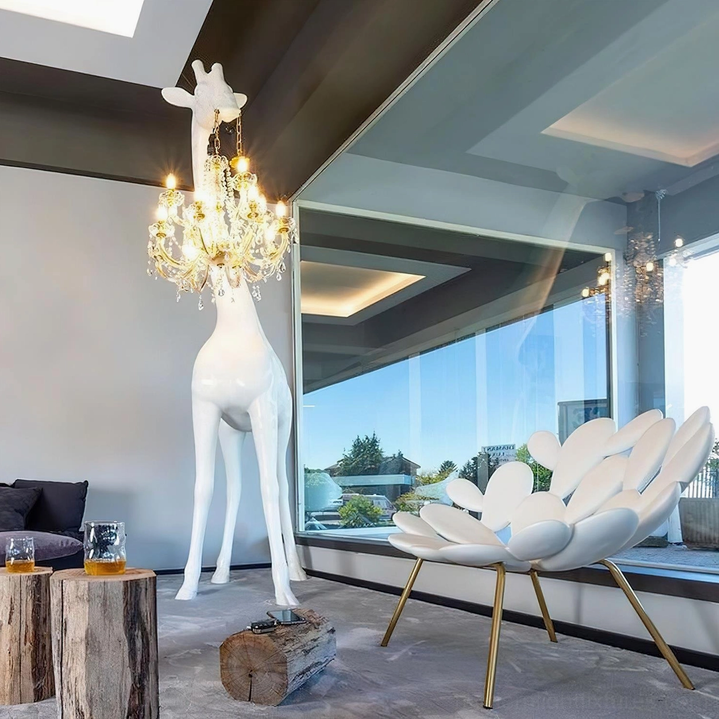 Giraffe sculpture floor lamp showing refined craftsmanship in resin body and crystal chandelier design