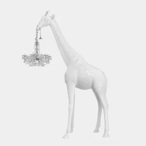Front full-body view of white matte giraffe sculpture floor lamp with crystal chandelier, modern art lighting fixture against white studio background