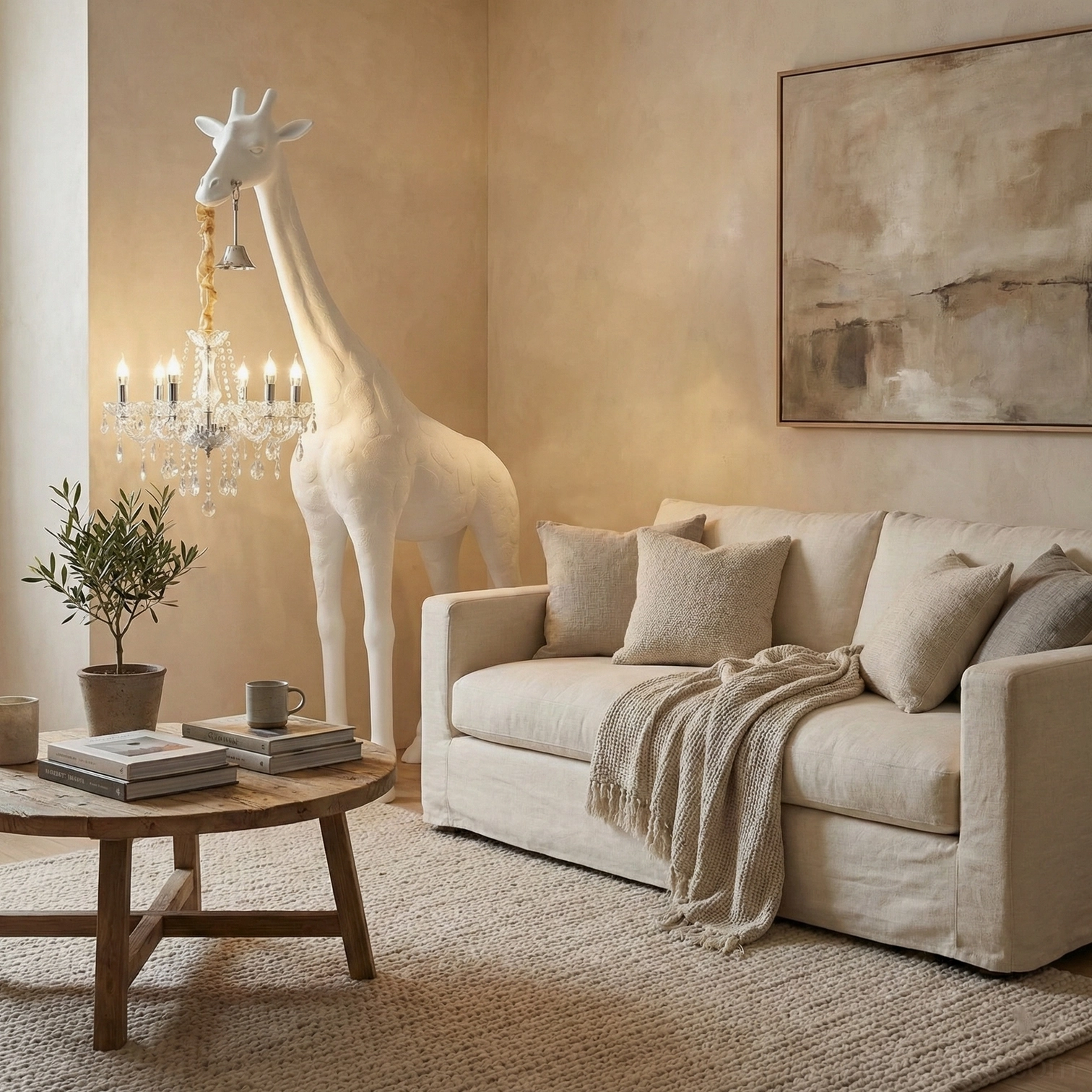 Giraffe sculpture floor lamp product detail showing resin craftsmanship and crystal chandelier design composition