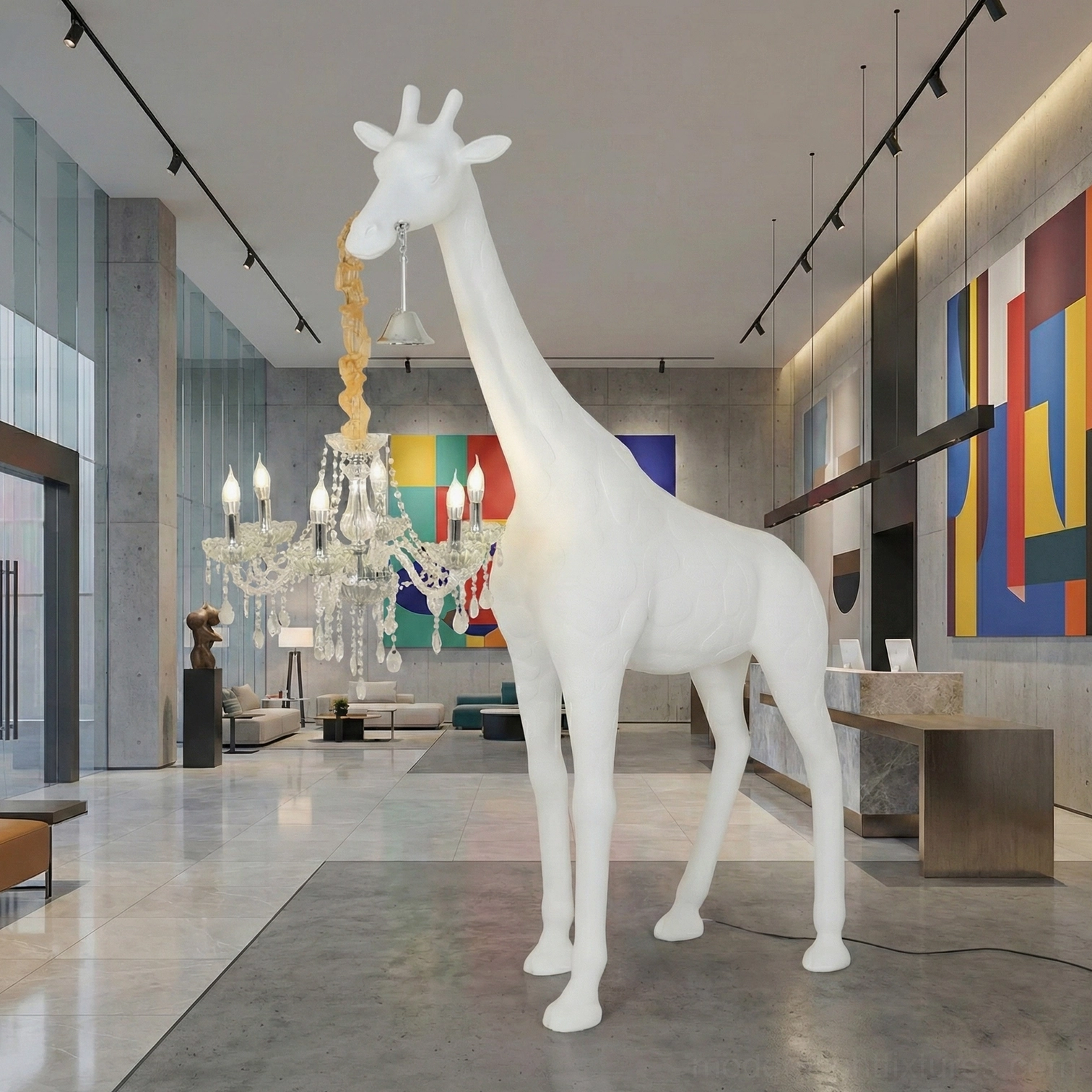 Giraffe statue floor lamp contemporary style with resin sculptural body and suspended crystal chandelier fixture
