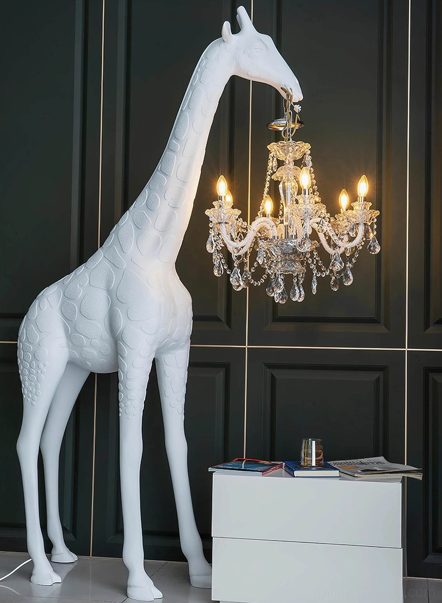 Giraffe statue floor lamp showing sculptural resin form and crystal lighting elements in home environment