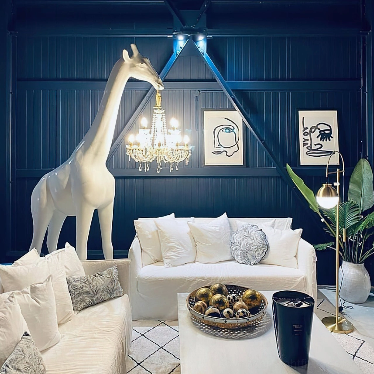 Giraffe statue floor lamp sculptural home decor piece with suspended crystal chandelier lighting fixture