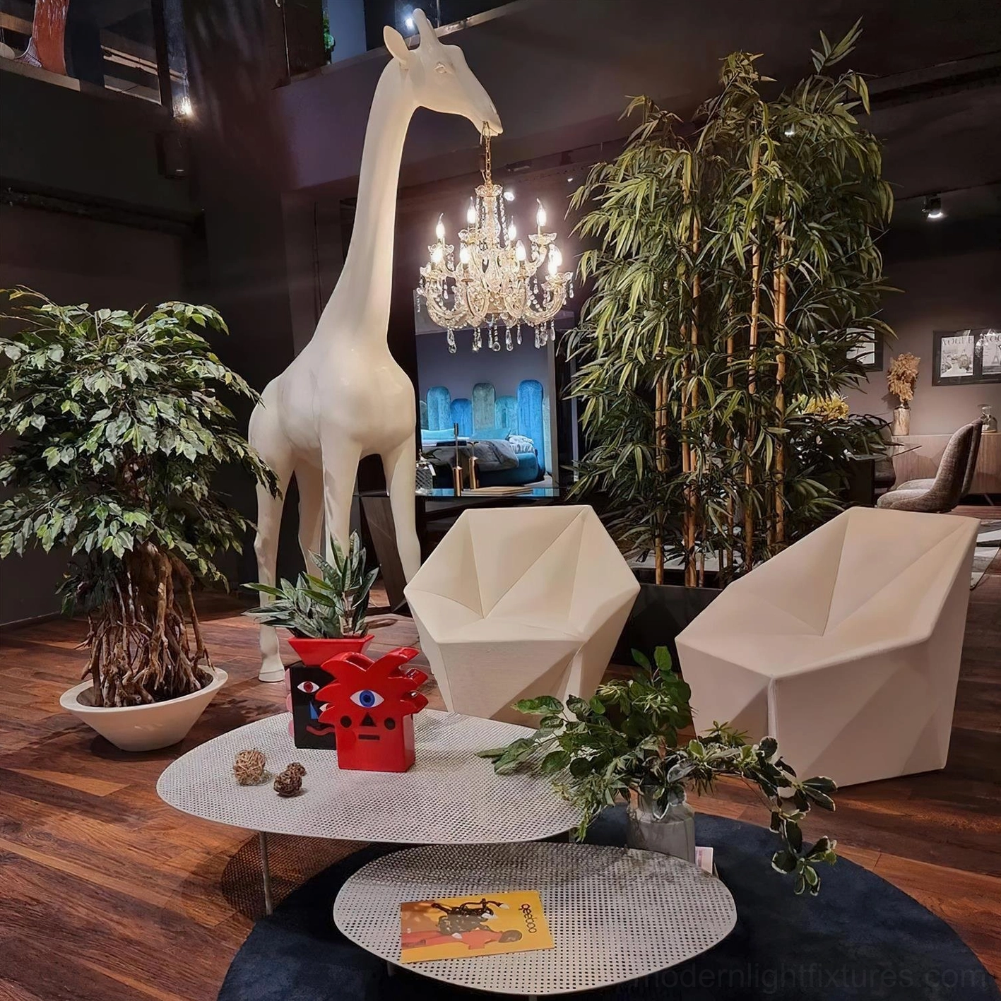 Giraffe statue floor lamp modern statement piece with resin body and detailed crystal pendant lighting