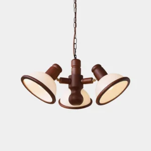 5-head mid-century modern pendant chandelier with frosted glass shades and brown wood frame, front studio view