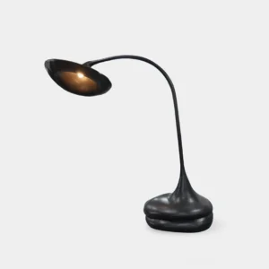 Giselle black organic floor lamp with sculptural curved base and asymmetrical shade on white background