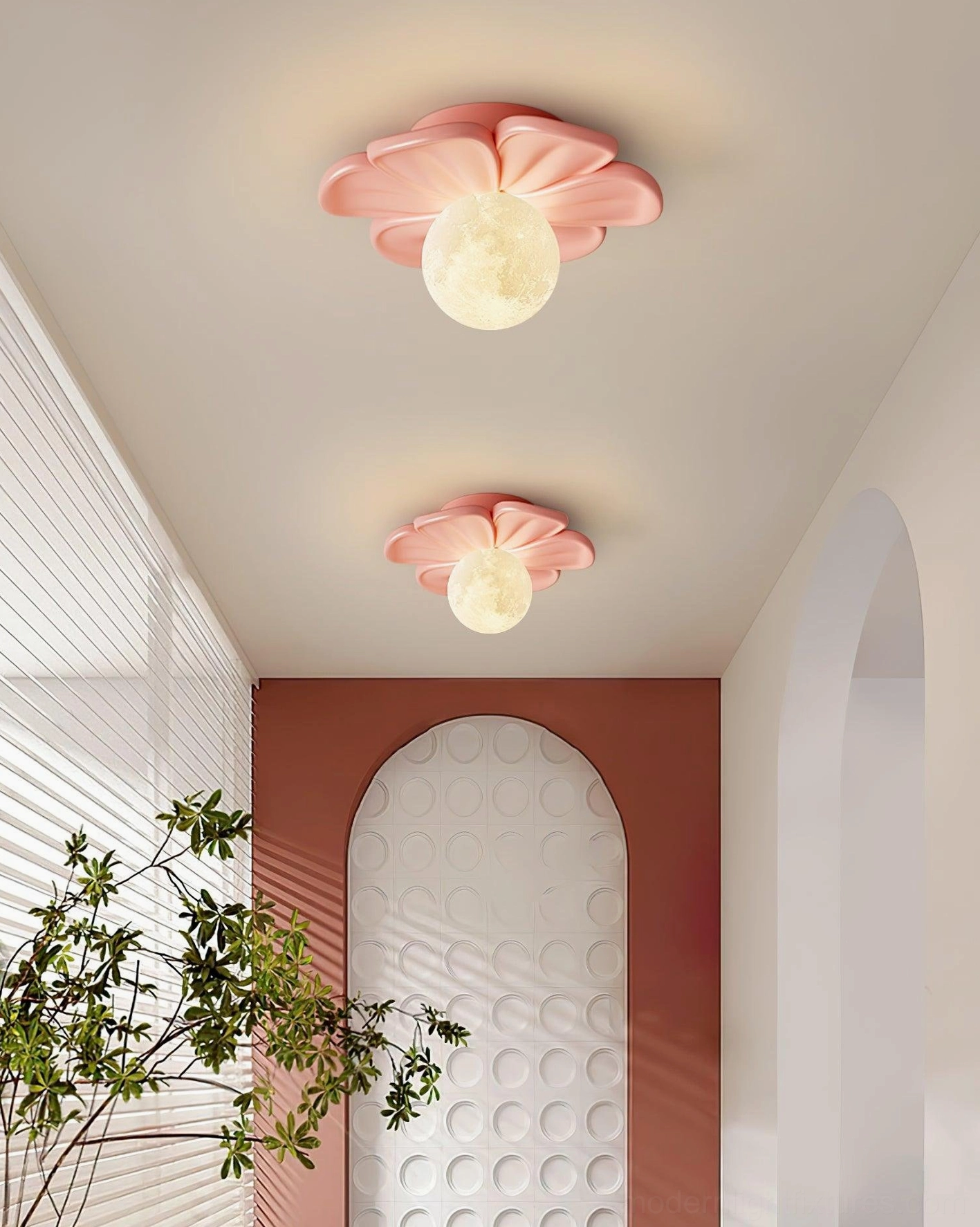 Giulia ceiling light beige model showing resin petal canopy and moon-shaped lampshade detail