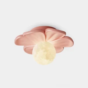 Giulia pink flower ceiling light fixture with moon-shaped lampshade, front studio view showing resin petal canopy and integrated LED design