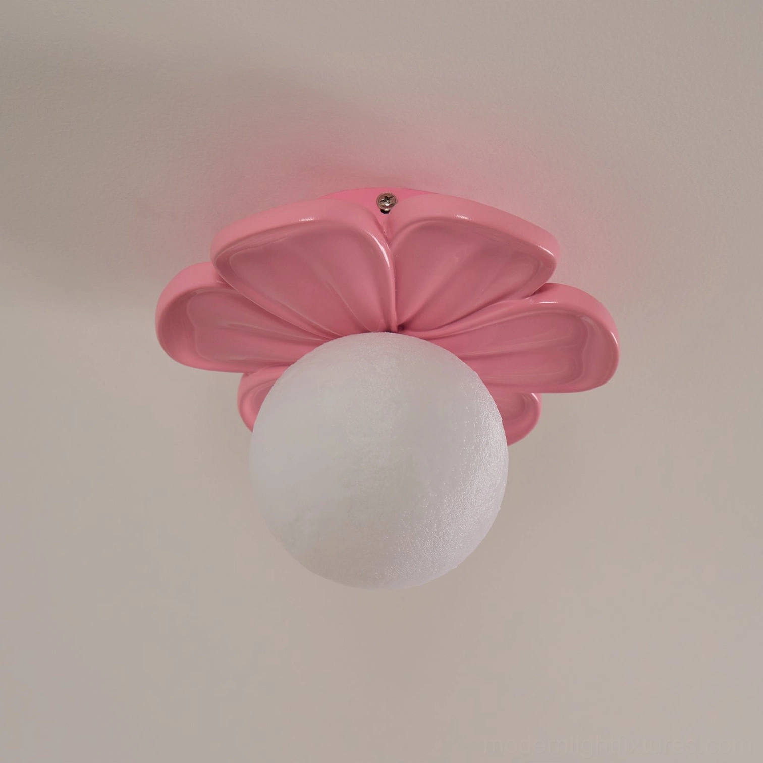 Giulia resin ceiling light fixture showing moon-shaped lampshade and petal canopy detail