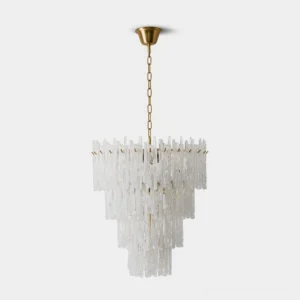 Glacielle tiered glass chandelier overhead studio shot - modern luxury brass pendant light with cascading clear glass tiers