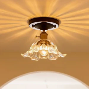 Close-up overhead view of Glacine cut-glass ceiling light fixture installed in residential setting with warm ambient lighting