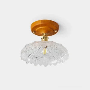 Glacine vintage scalloped glass flush mount ceiling light fixture with wooden base and brass hardware, overhead studio view