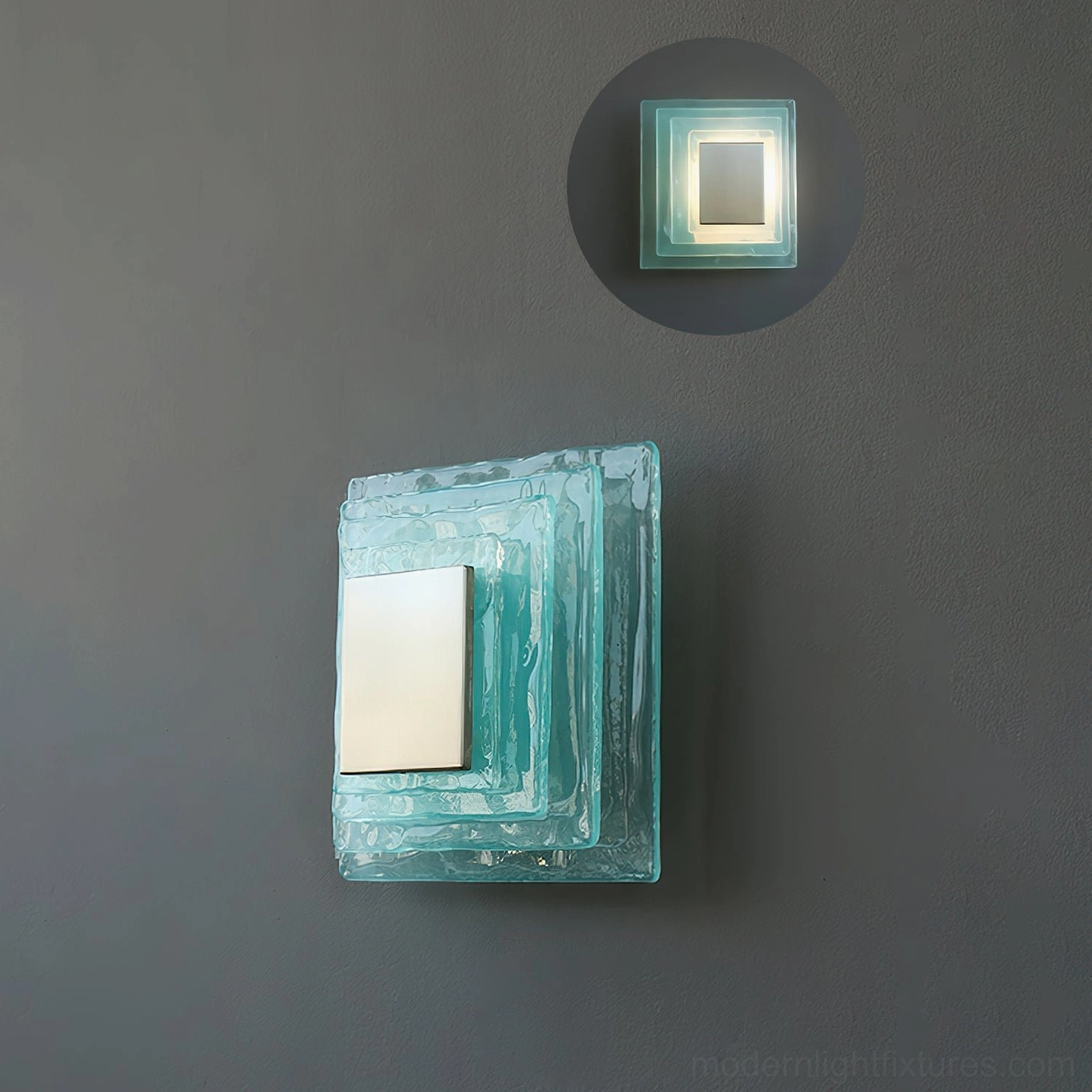 Glacira modern frosted glass wall sconce detail view, warm 3000K LED light through layered glass diffusion